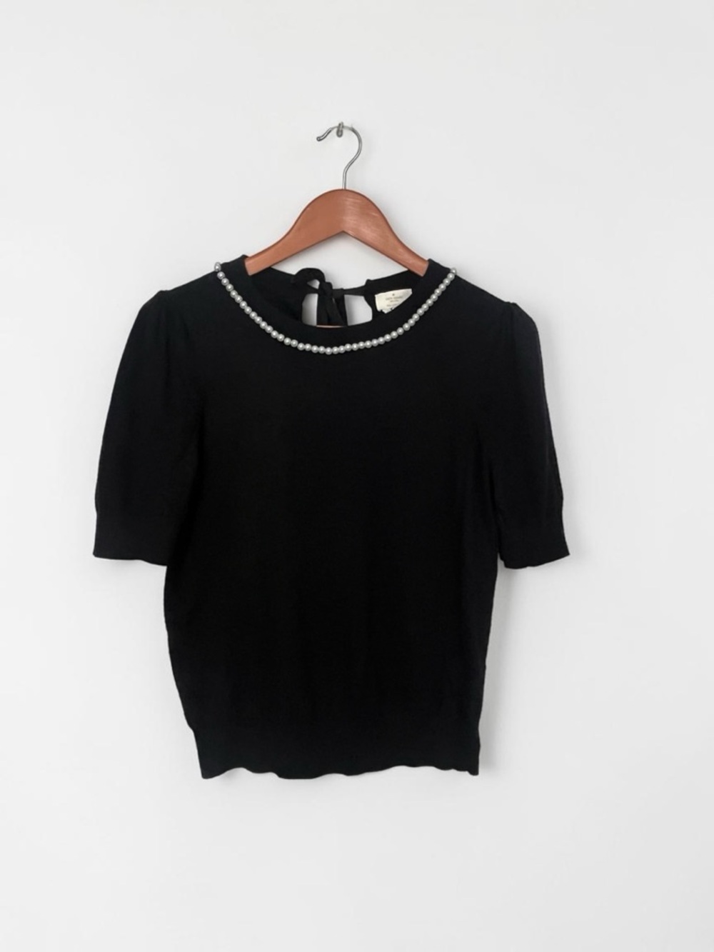 Kate Spade NY Black Pearl-Embellished Short-Sleeve Wool Blend Back Tie Size M